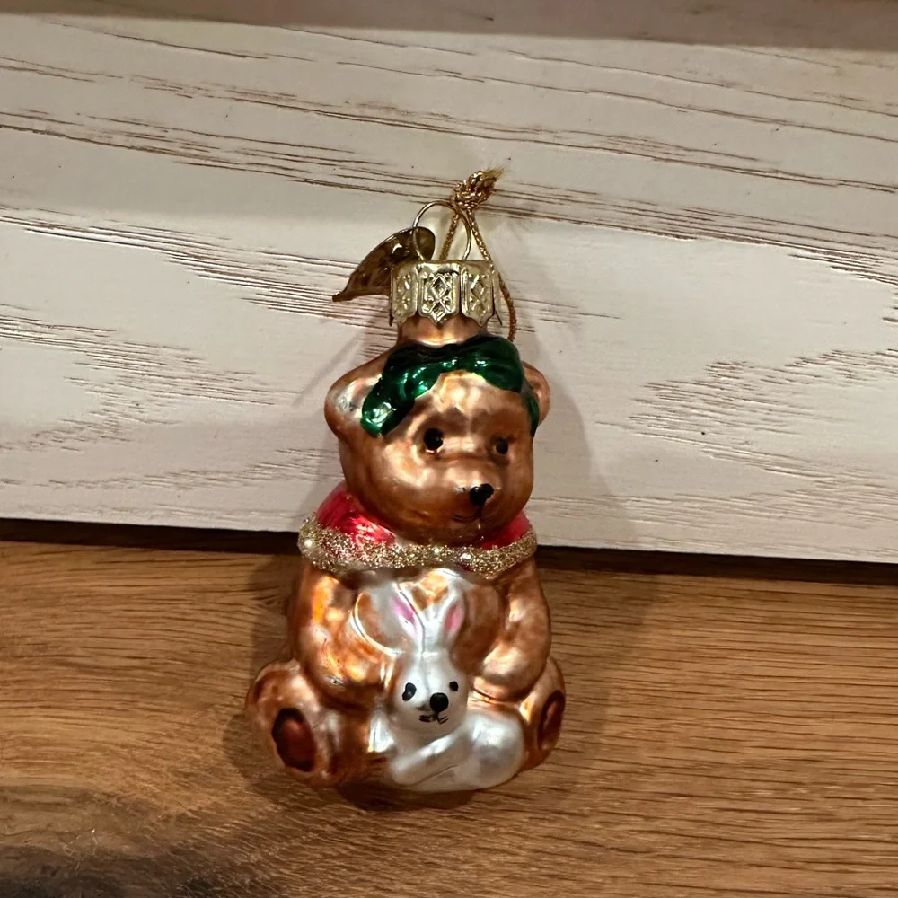 Vintage Thomas Pacconi Blown Glass Ornament - Bear with Rabbit (Approx 3 inch
